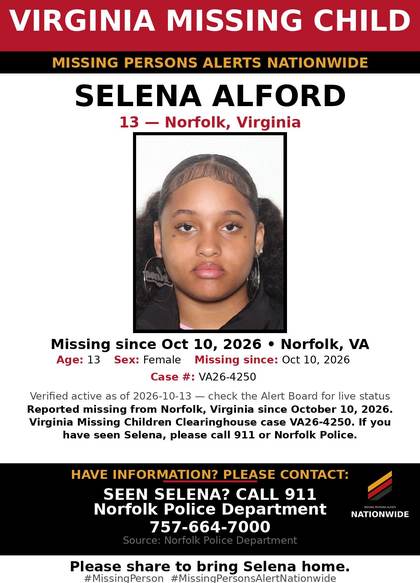 Missing person flyer for Selena Alford