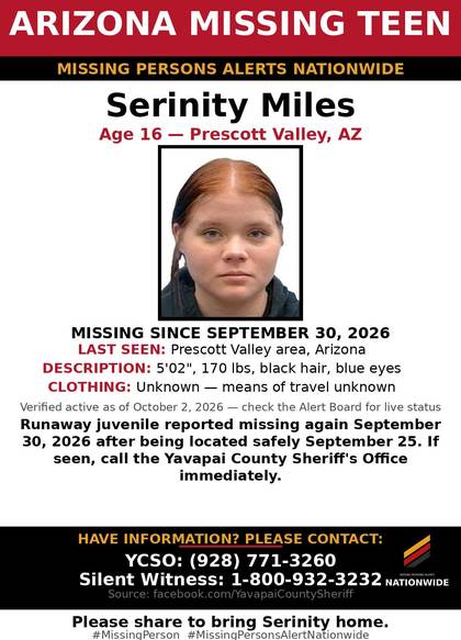 Missing person flyer for Serinity Lavone Miles