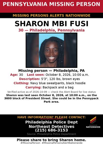 Missing person flyer for Sharon Mbi Fusi