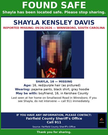 Found safe flyer for Shayla Kensley Davis