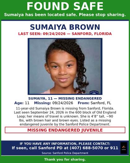 Found safe flyer for Sumaiya Brown