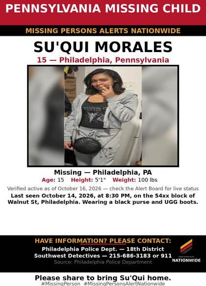 Missing person flyer for Su'Qui Morales