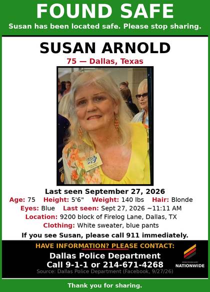 Found safe flyer for Susan Arnold