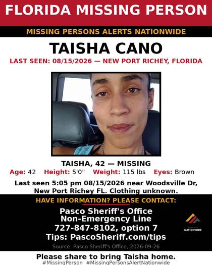 Missing person flyer for Taisha Cano