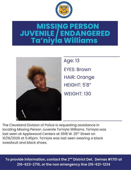 Missing person flyer for Ta'niyla Williams