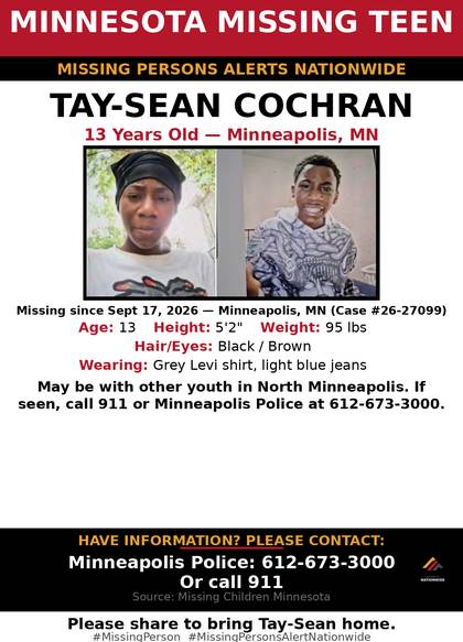 Missing person flyer for Tay-Sean Cochran