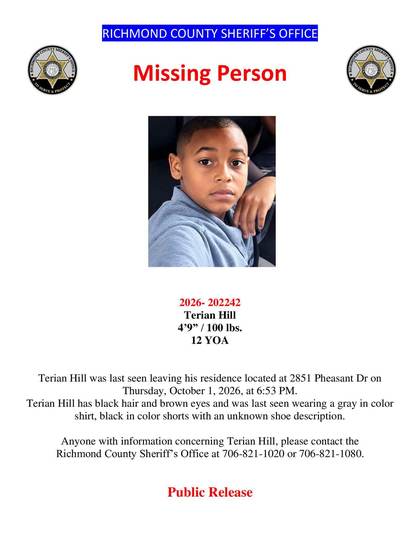 Missing person flyer for Terian Hill