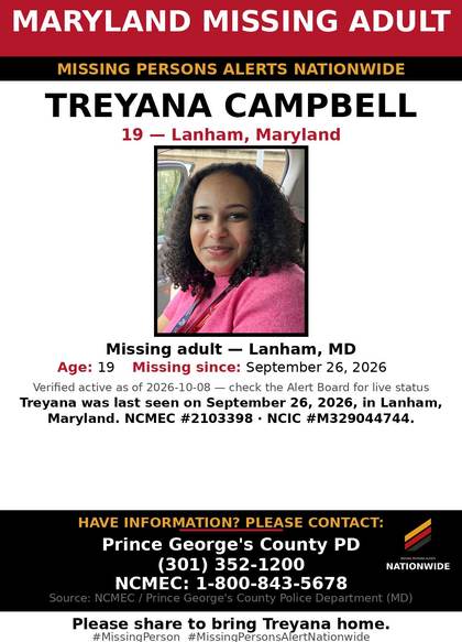 Missing person flyer for Treyana Campbell
