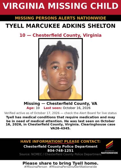 Missing person flyer for Tyell Marcukee Adkins Shelton