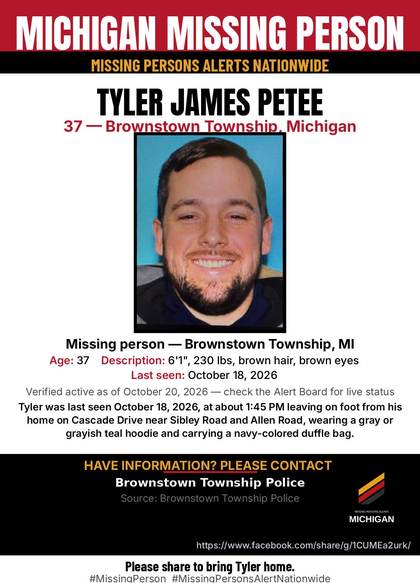 Missing person flyer for Tyler James Petee