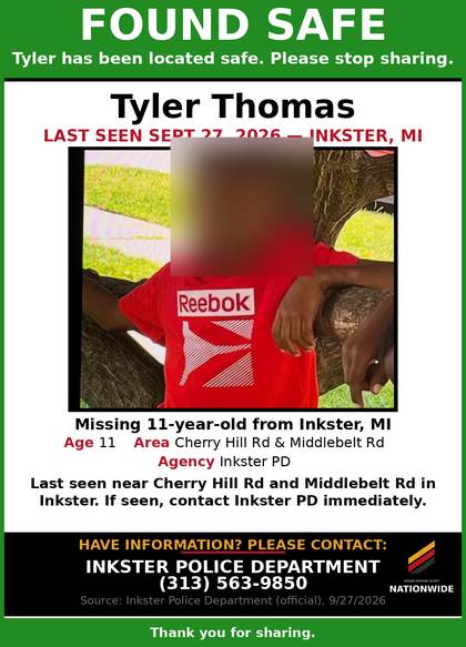 Found safe flyer for Tyler Thomas