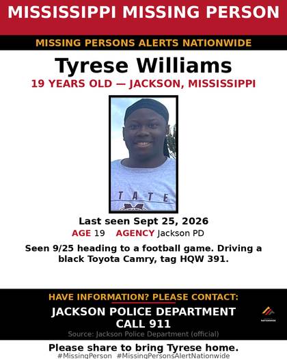 Missing person flyer for Tyrese Williams