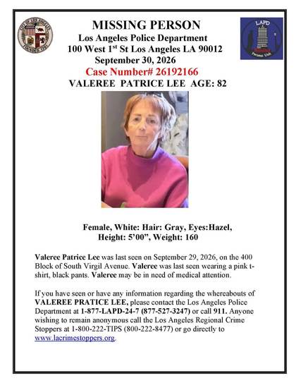 Missing person flyer for Valeree Patrice Lee