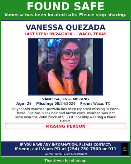 Found safe flyer for Vanessa Quezada