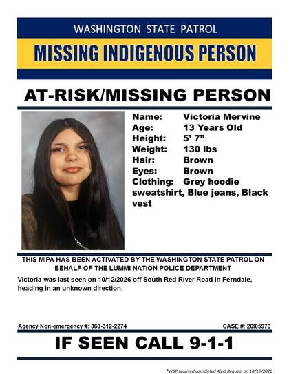 Missing person flyer for Victoria Mervine