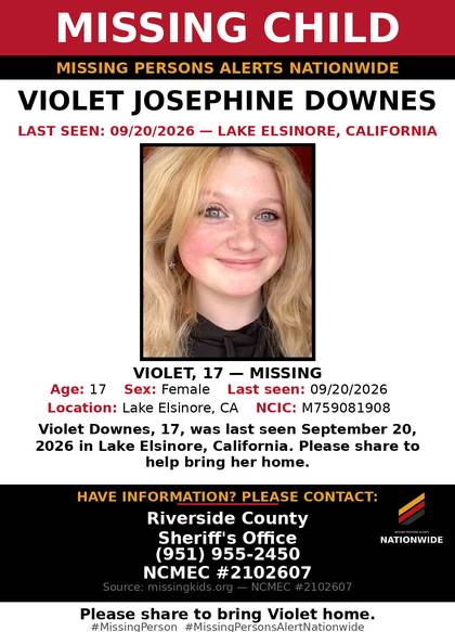 Missing person flyer for Violet Josephine Downes