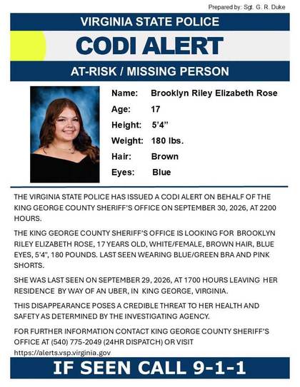 Missing person flyer for Brooklyn Riley Elizabeth Rose