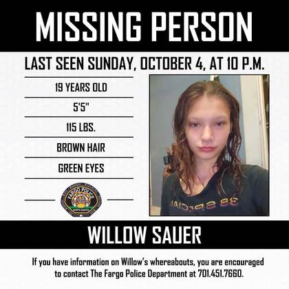 Missing person flyer for Willow Sauer
