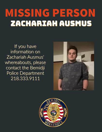 Missing person flyer for Zachariah Ausmus
