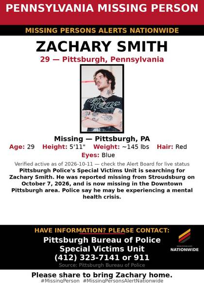 Missing person flyer for Zachary Smith