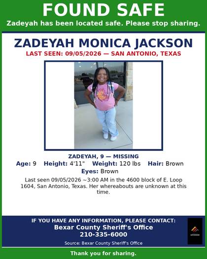 Found safe flyer for Zadeyah Monica Jackson