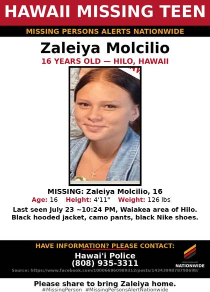 Missing person flyer for Zaleiya Molcilio