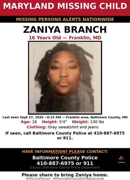 Missing person flyer for Zaniya Branch