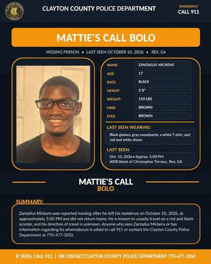 Missing person flyer for Zantailus Mickens