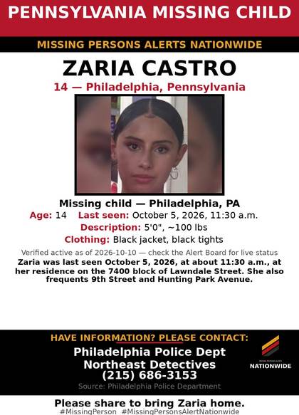 Missing person flyer for Zaria Castro