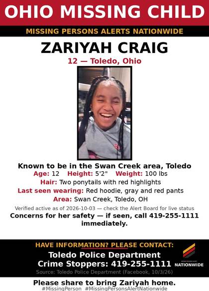 Missing person flyer for Zariyah Craig