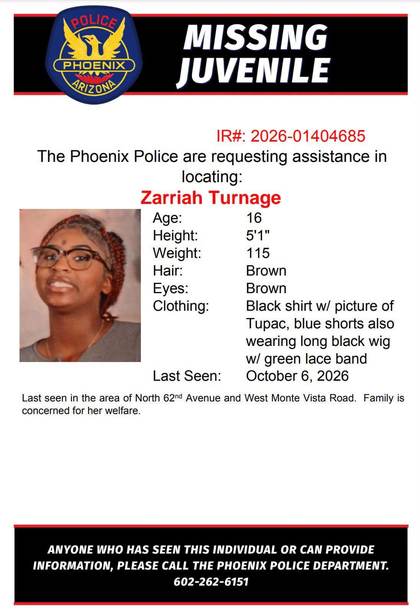 Missing person flyer for Zarriah Turnage