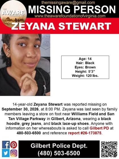 Missing person flyer for Zeyana Stewart