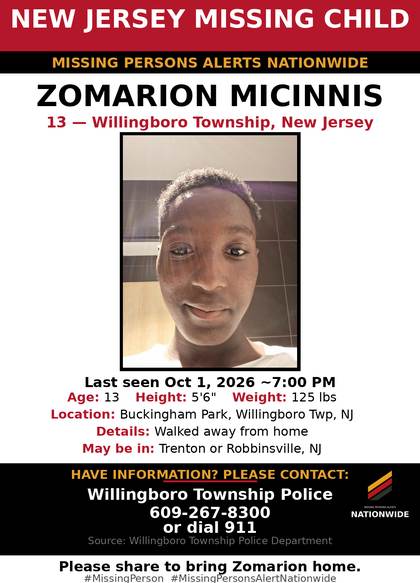 Missing person flyer for Zomarion Micinnis