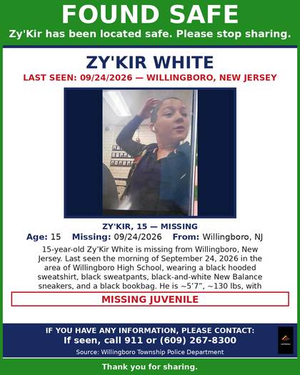 Found safe flyer for Zy'Kir White